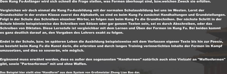 Dem Kung Fu-Anfnger wird sich schnell die Frage stellen, was Formen berhaupt sind, bzw.welchen Zweck sie erfllen.  Vergleichen wir doch einmal die Kung Fu-Ausbildung mit der normalen Schulausbildung bei uns im Westen. Lernt der  Grundschler in der ersten Klasse zuerst das Alphabeth, so sind es beim Kung Fu zunchst Handhaltungen und Grundstellungen.  Folgt in der Schule das Schreiben einzelner Wrter, so folgen nun beim Kung Fu die Grundtechniken. Der nchste Schritt in der  Schule knnte beispielsweise das Schreiben von Stzen oder gar ganzen Texten sein, sei es durch Abschreiben, oder das  Schreiben von Diktaten. Diese Lernstufe ist vergleichbar mit dem Lernen und ben der Formen im Kung Fu. Bei beiden kommt  es ganz deutlich darauf an, den Vorgaben des Lehrers exakt zu folgen.  Endet in der Schule, bzw. im spteren Leben die Ausbildung beispielsweise mit dem Verfassen eigener Texte bis hin zur Poesie,  so besteht beim Kung Fu die Kunst darin, die erlernten und durch langes Training verinnerlichten Inhalte der Formen im Kampf  umzusetzen, und dies so souvern, wie mglich.  Ergnzend muss erwhnt werden, dass es auer den sogenannten "Handformen" natrlich auch eine Vielzahl an "Waffenformen"  gibt, sowie "Partnerformen" mit und ohne Waffen.  Das Beispiel hier stellt eine Handform aus dem System von Gromeister Zhong Lian Bao dar.